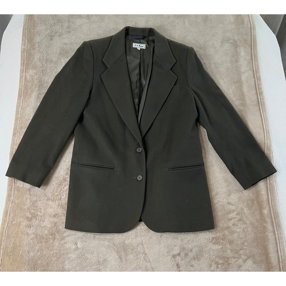 Vintage LL Bean Wool Cashmere Blazer Women's 12 Olive Green Jacket USA Made EUC